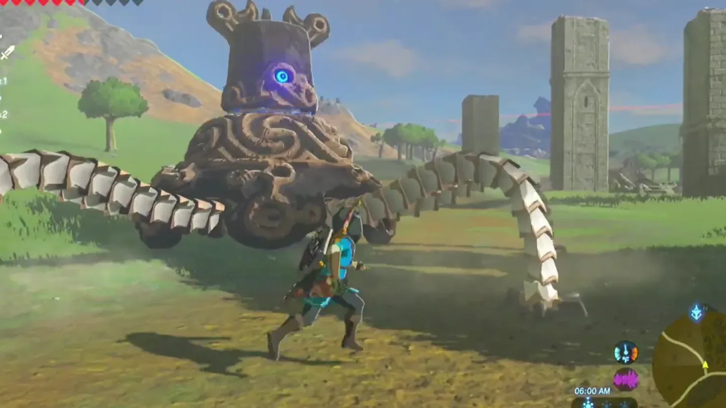 A Guardian Stalker with a blue eye and six segmented legs standing over Link in a grassy field