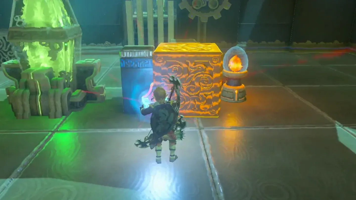 Link setting a metal cube on a pillar between the power source and the switch