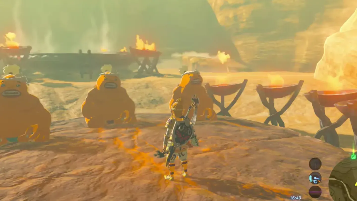 Link standing in the hot ring among the Gorons