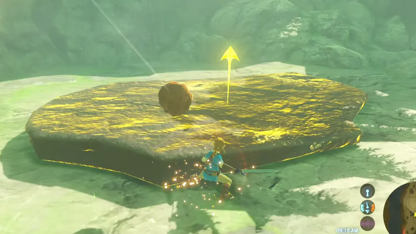 The rock slab frozen by Stasis, an arrow showing where it will fly