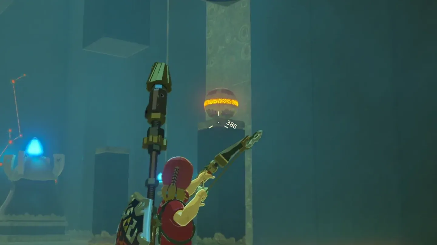 Link aiming a bow at the raised orb on its perch