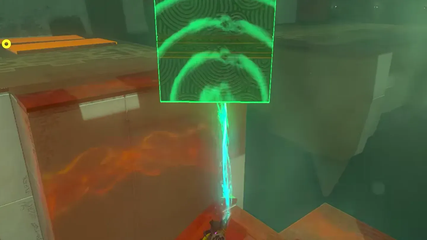 Link carrying the patterned stone box through the air with Ultrahand