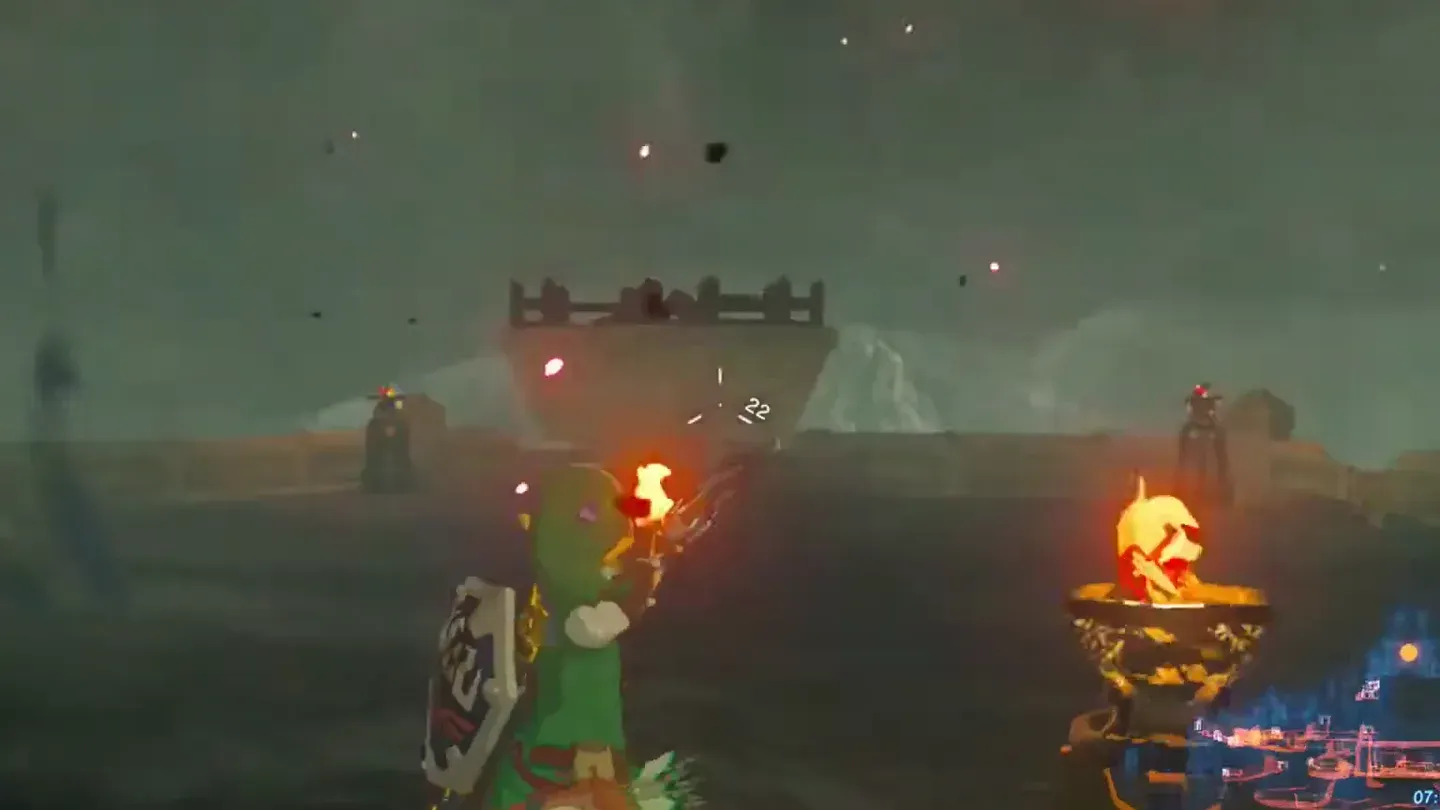 Link aiming a burning arrow at the large brazier on the docks