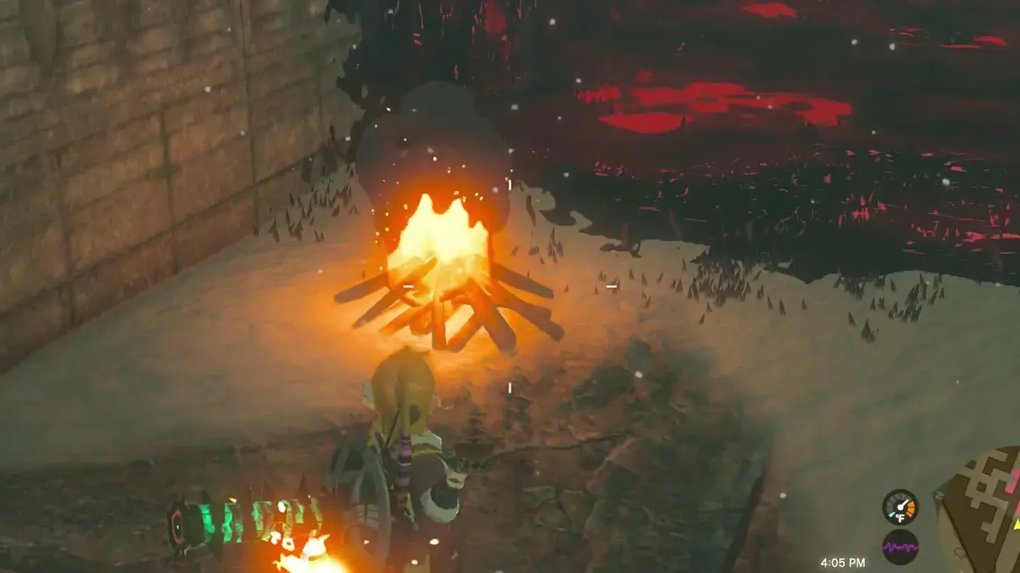 Link beside a burning campfire in the labyrinth