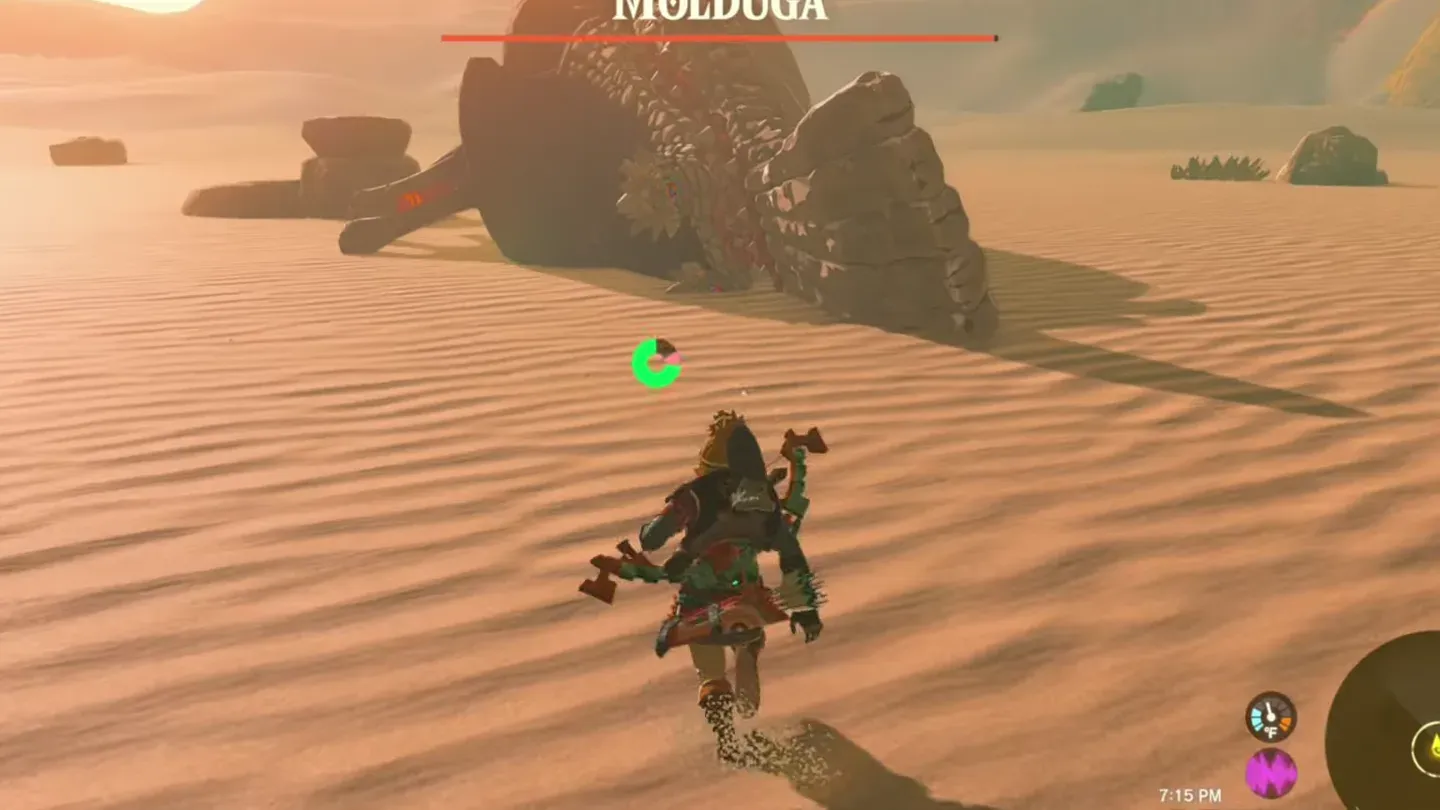 A Molduga breaching out of the sand behind Link