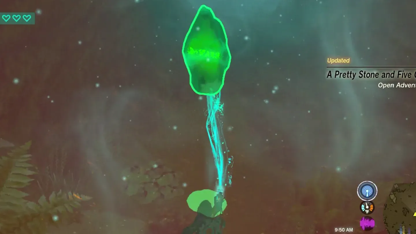 Ultrahand carrying the green crystal through the forest