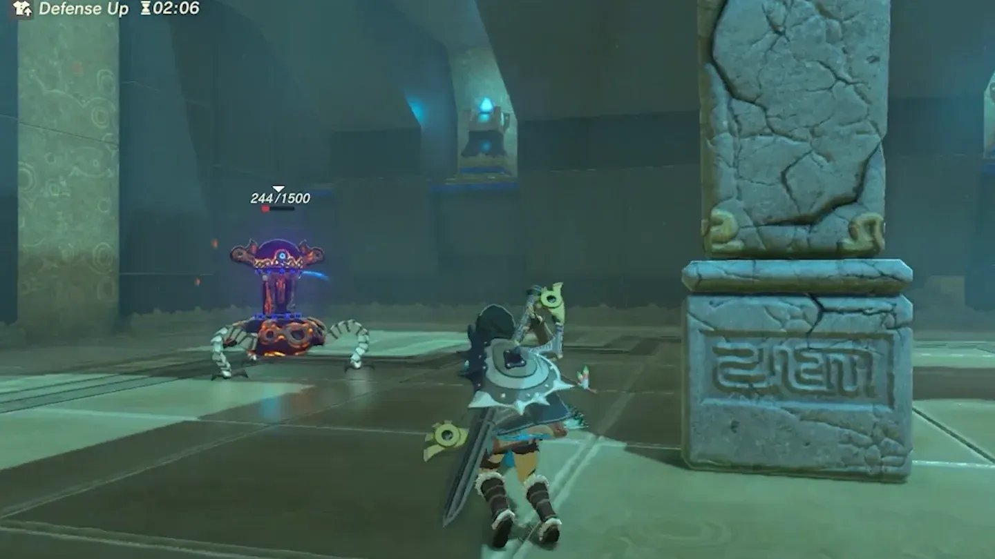 Link beside a stone pillar with the stunned Guardian Scout nearby