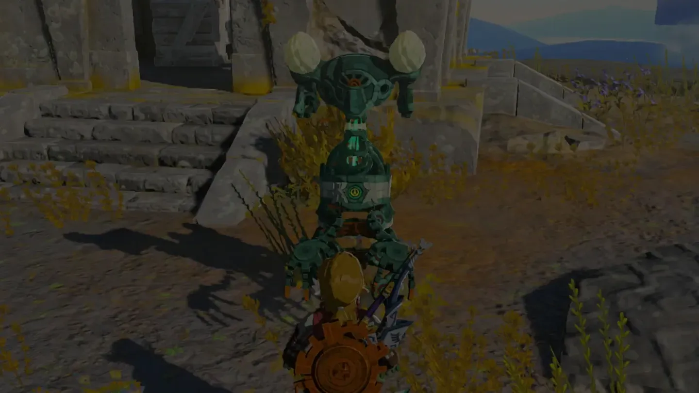 The Steward Construct standing by the pond at the island's base