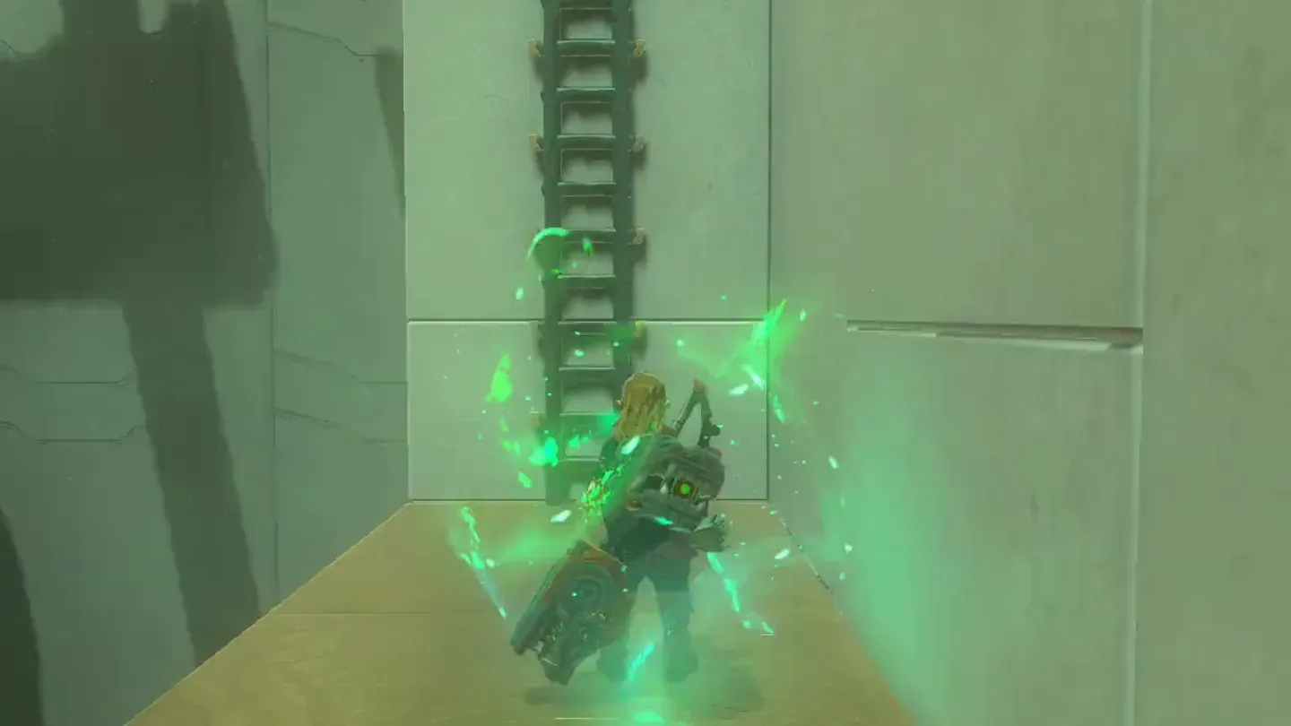 Link with the Ascend glow under the ledge with a ladder above