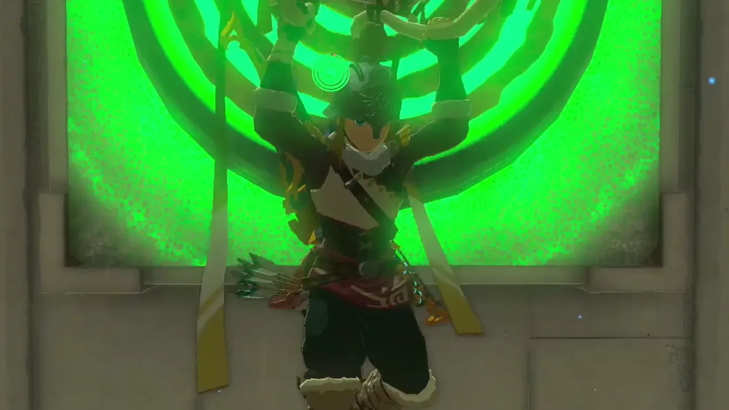 Link flung up toward the large green target on the wall