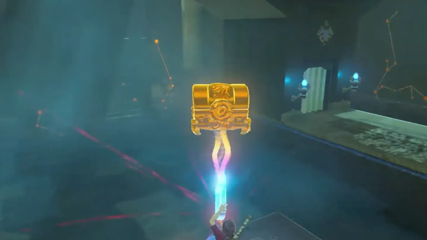 The chest from the left shelf pulled across the water with Magnesis