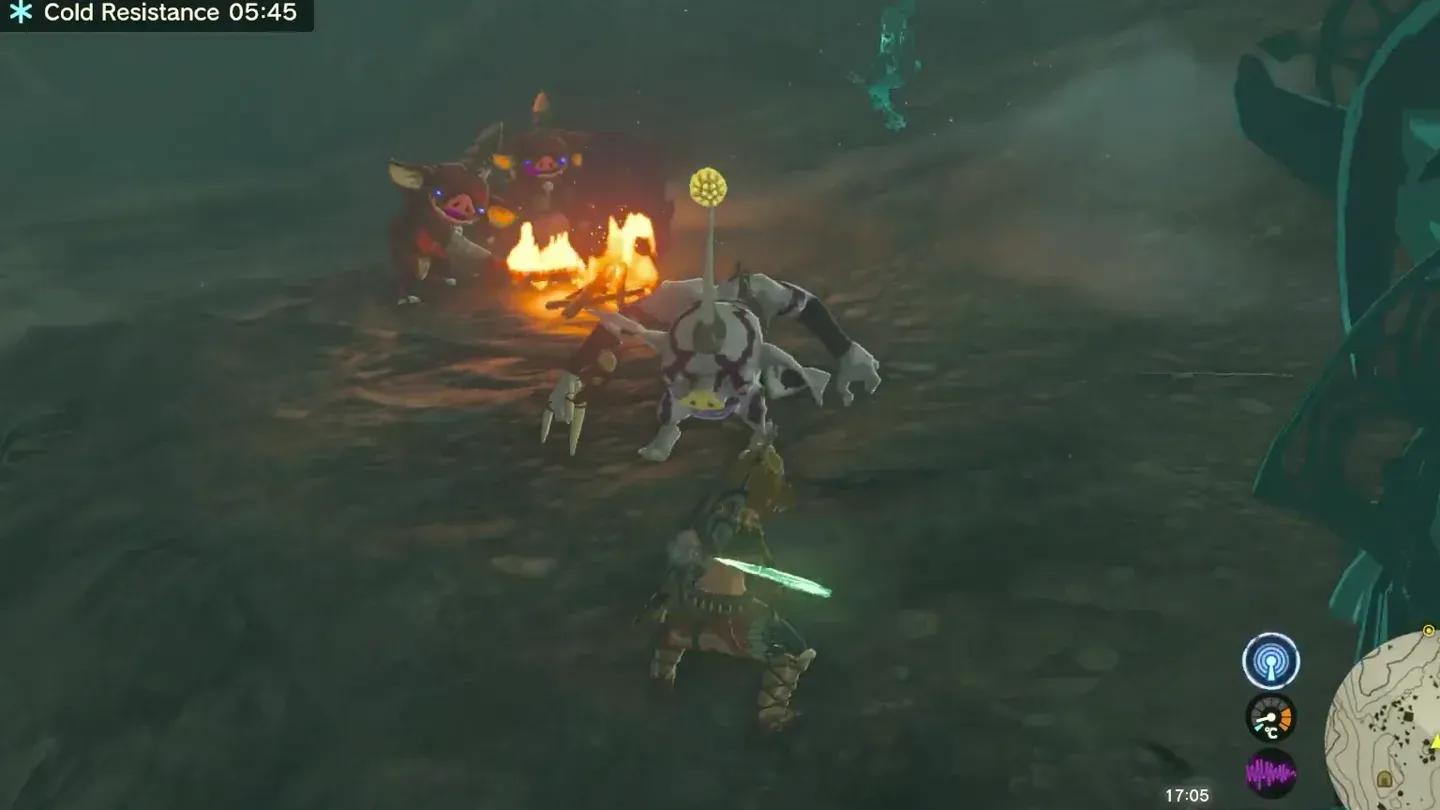 Link fighting Bokoblins by the icy lake
