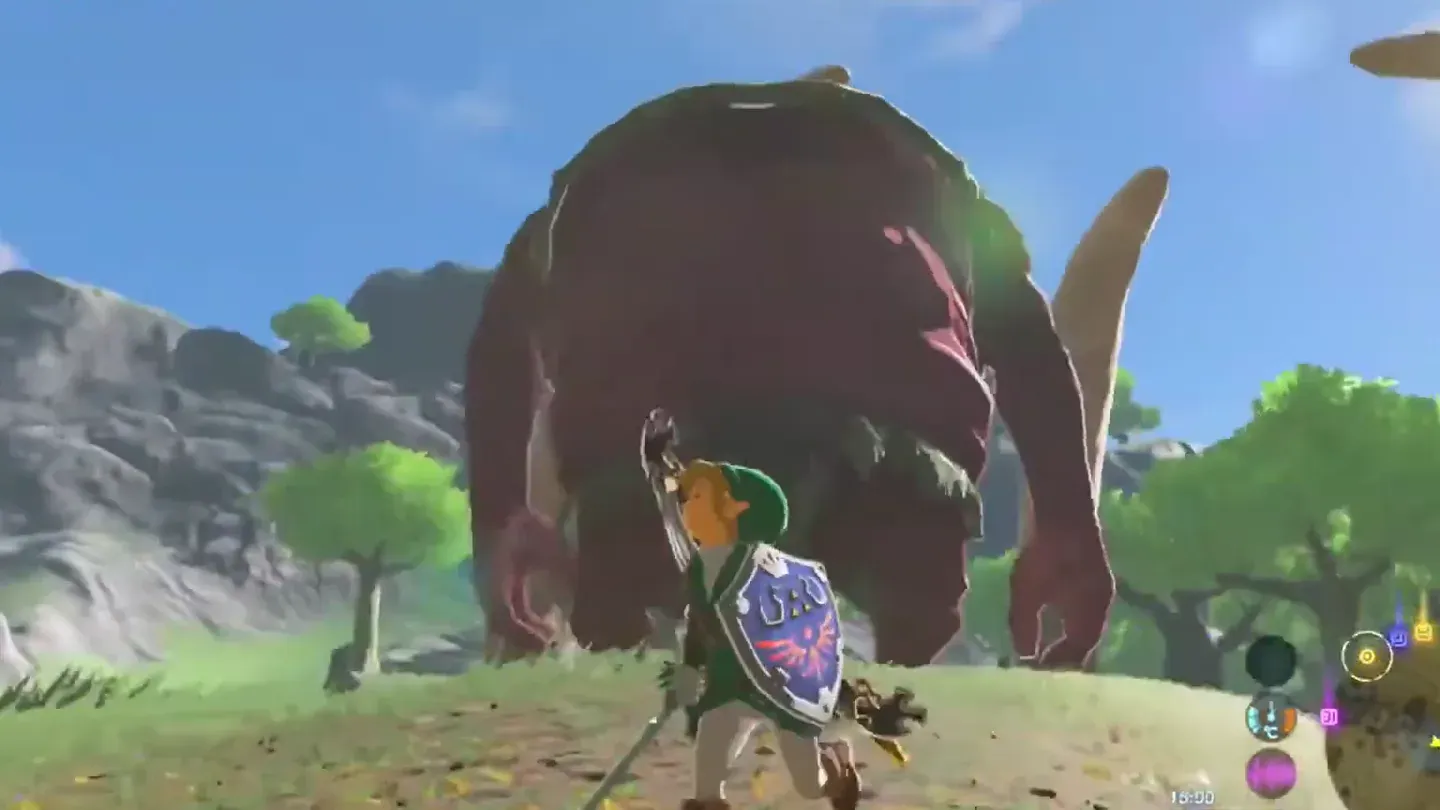 Link facing the Hinox with his bow drawn