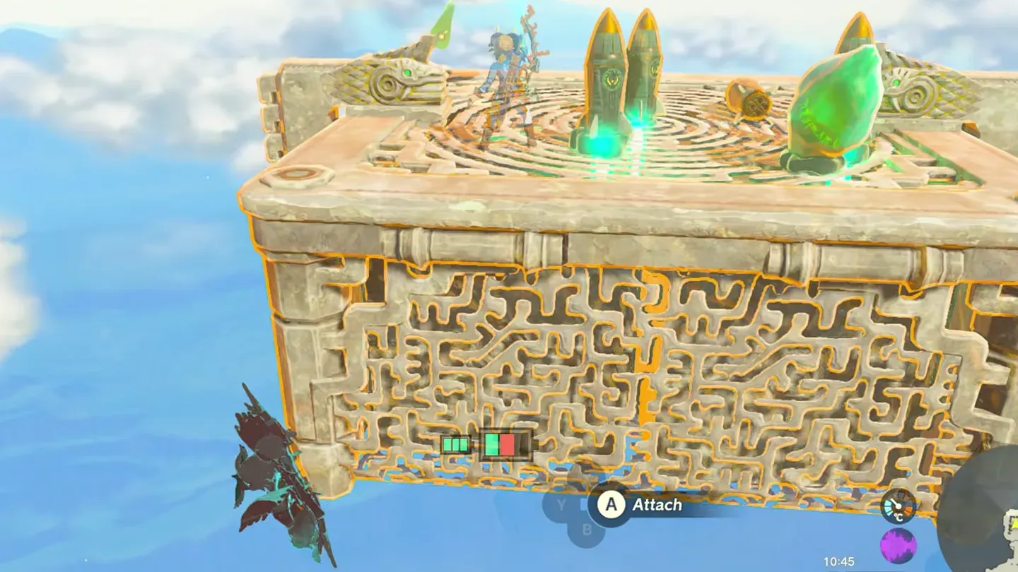 Rockets and the green crystal on top of a floating stone platform