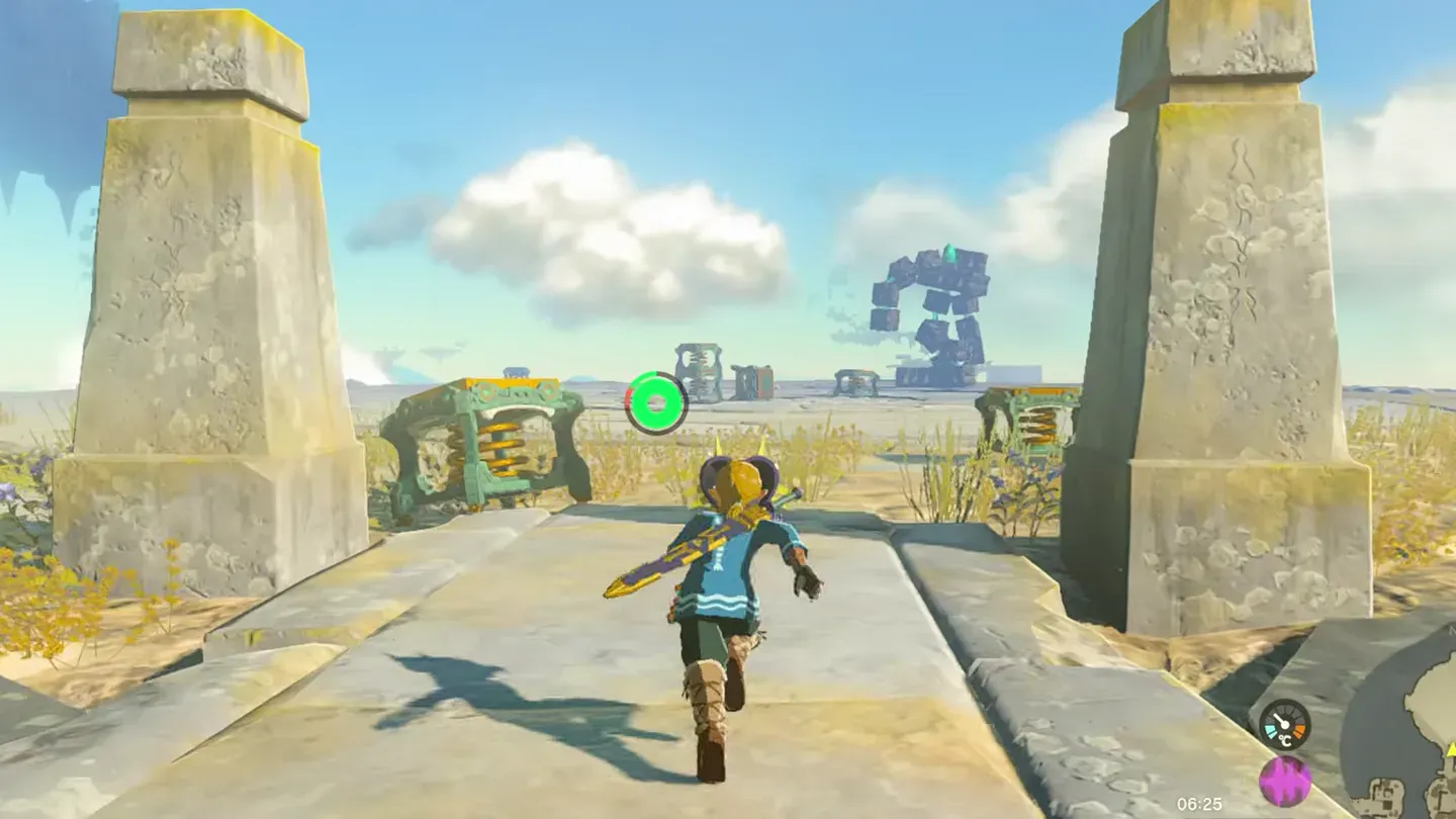 Flux Construct III standing in the distance past two stone pillars
