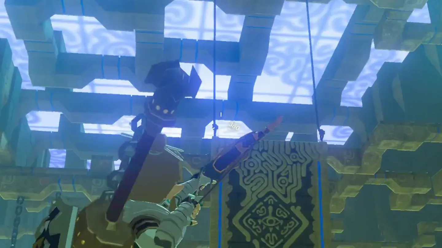 Link aiming his bow up at the ropes holding the raised drawbridge