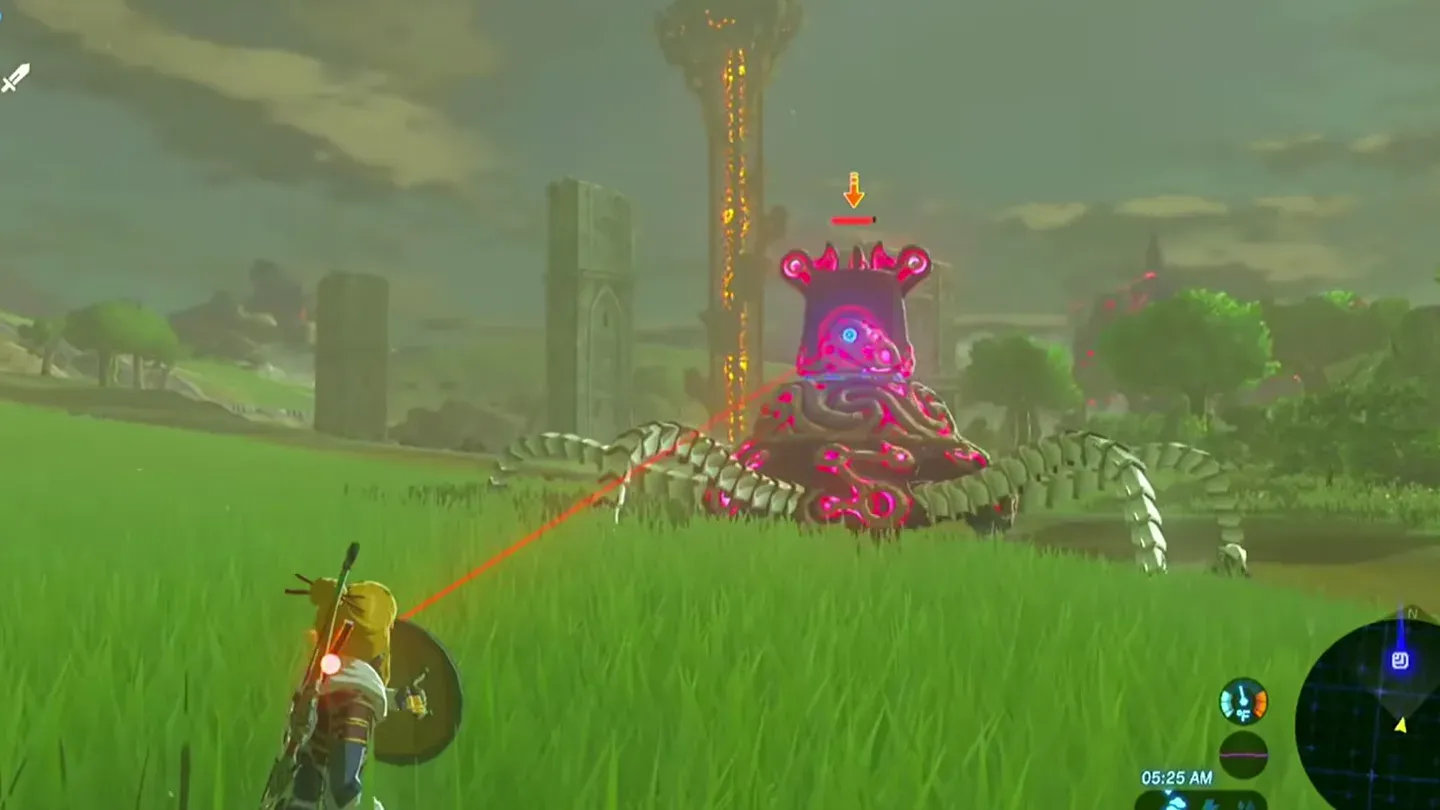 A pink-glowing Guardian Stalker aiming a thin red line at Link, a red dot on his back