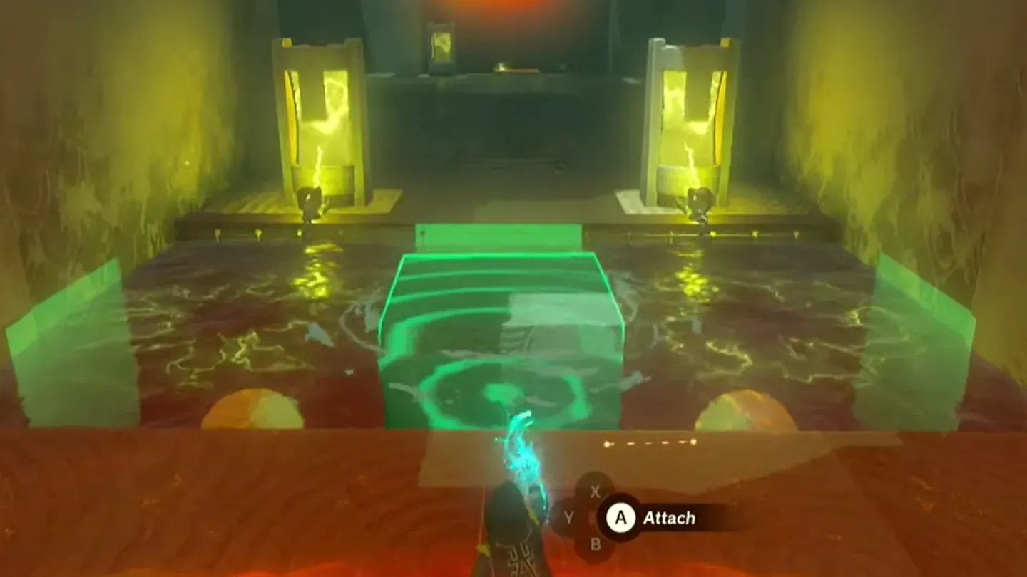 Ultrahand lowering the giant stone cube into the electrified pool