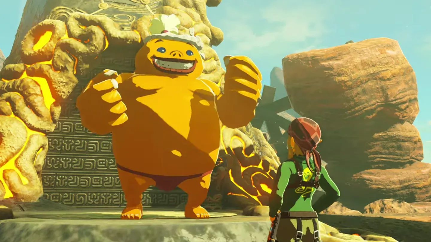 Bayge talking to Link in front of the shrine