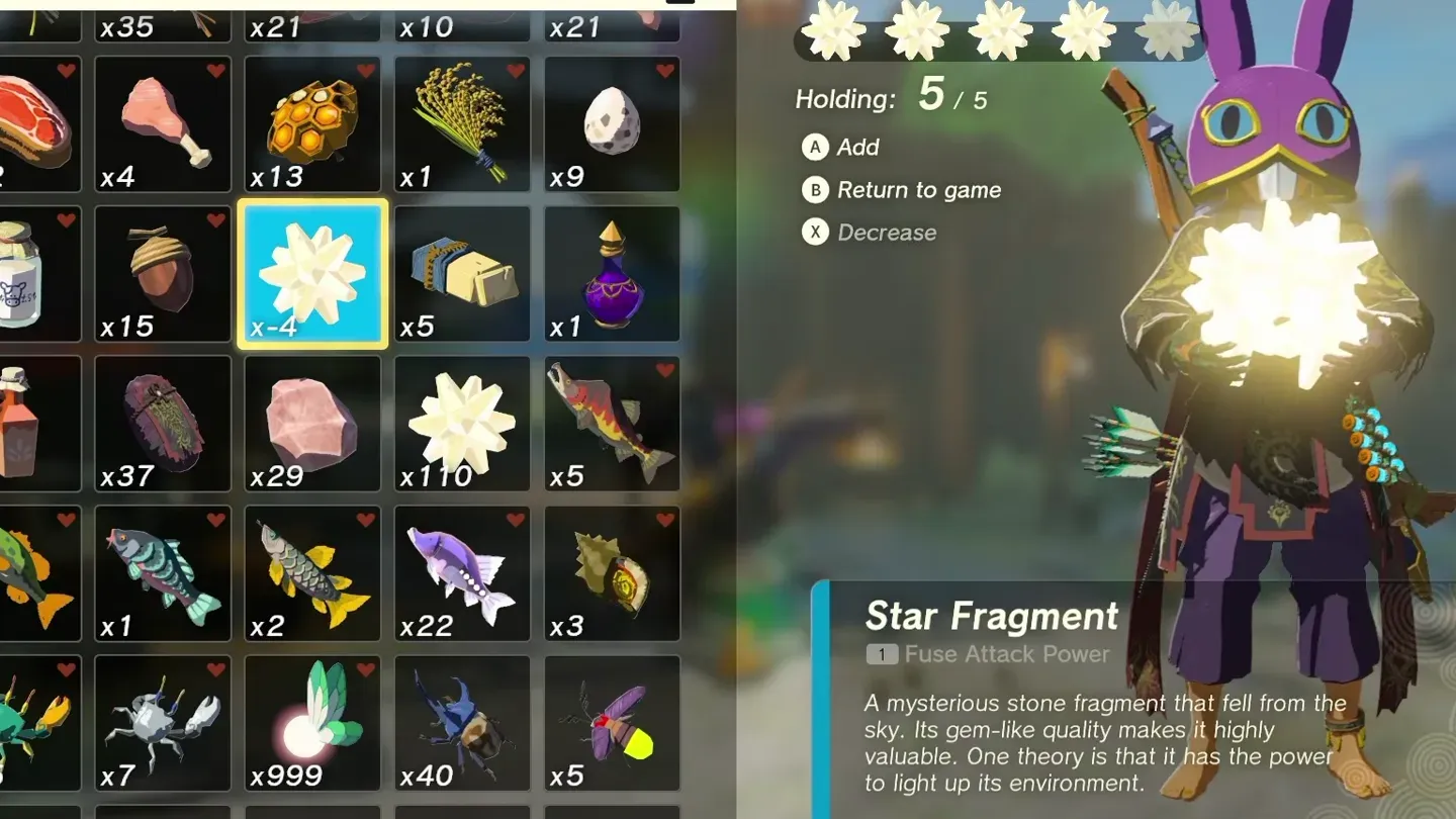 The Materials tab showing two Star Fragment slots, one reading minus 4 and one reading 110, with five held