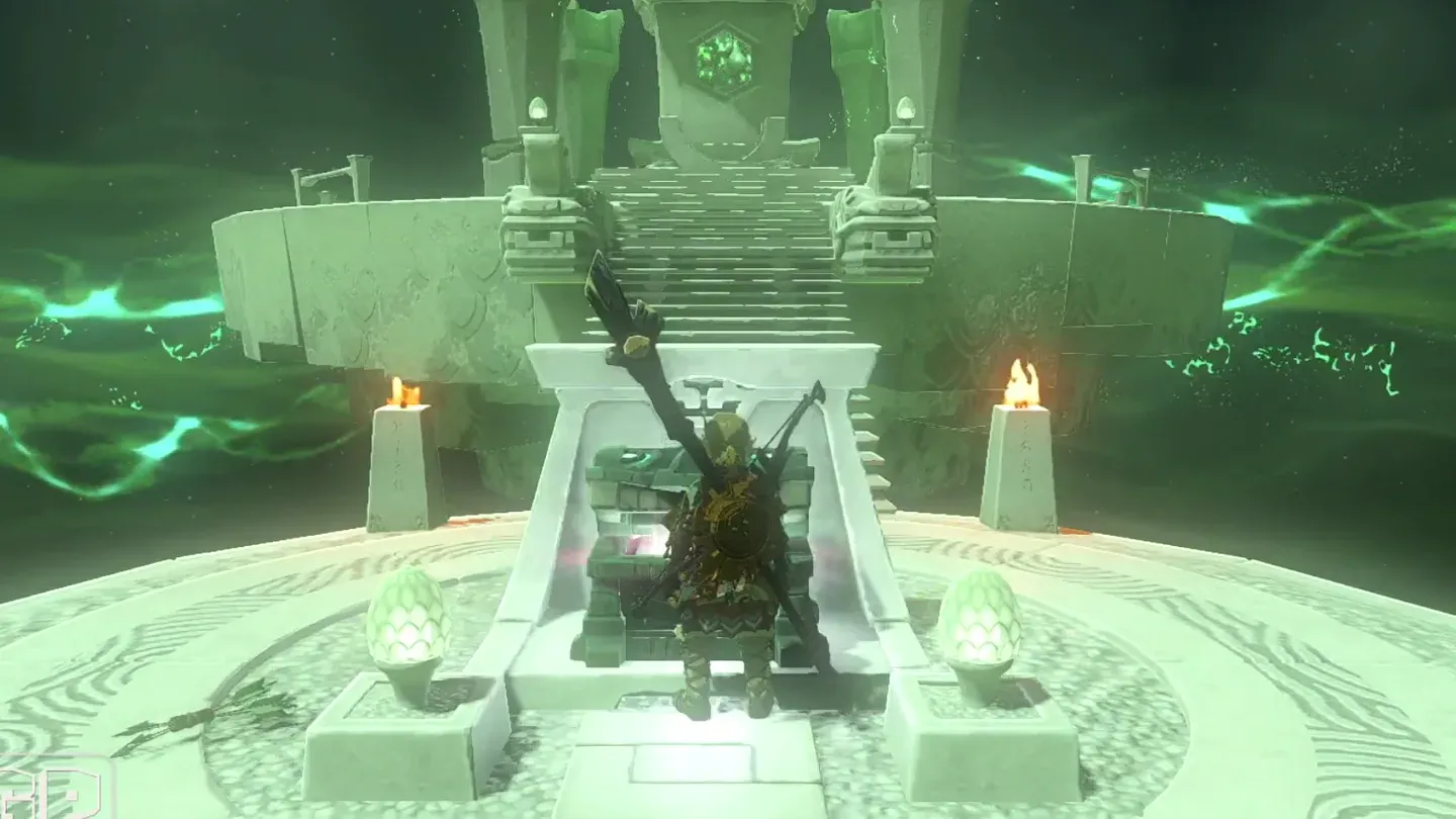 Link opening the chest at the foot of the stairs