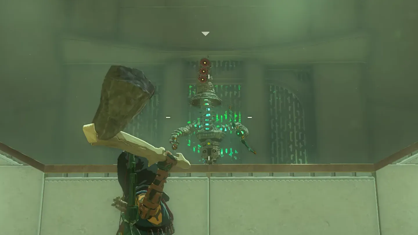 Link aiming a stone axe over his shoulder at the Construct