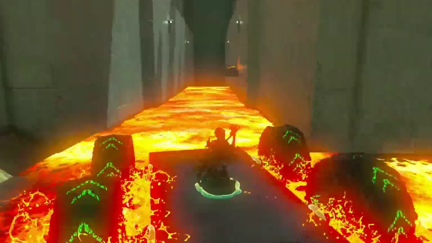 Link driving the cart along the lava channel