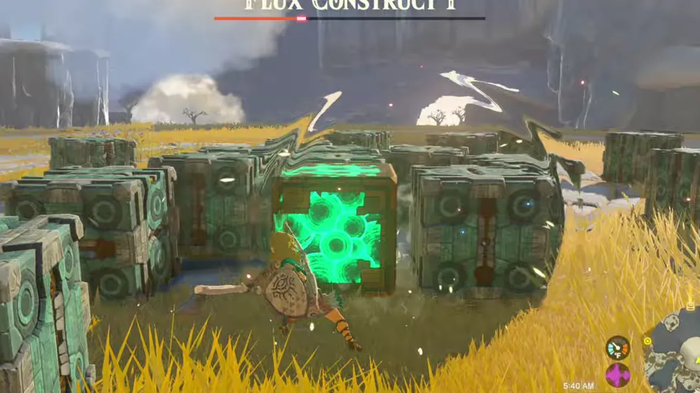 The glowing block lying on the ground among scattered blocks, Link attacking it