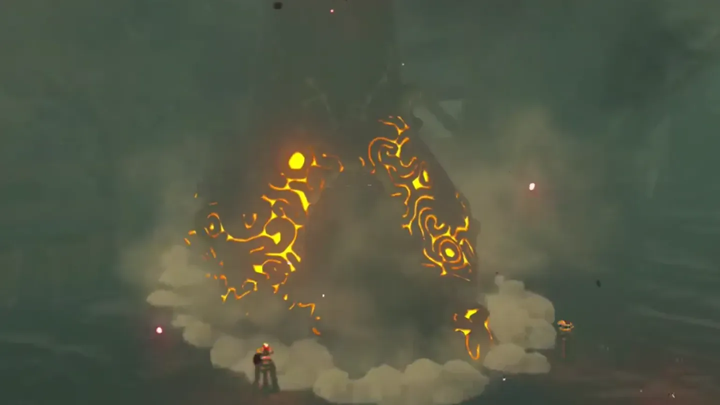 The shrine rising out of the ground in a cloud of dust