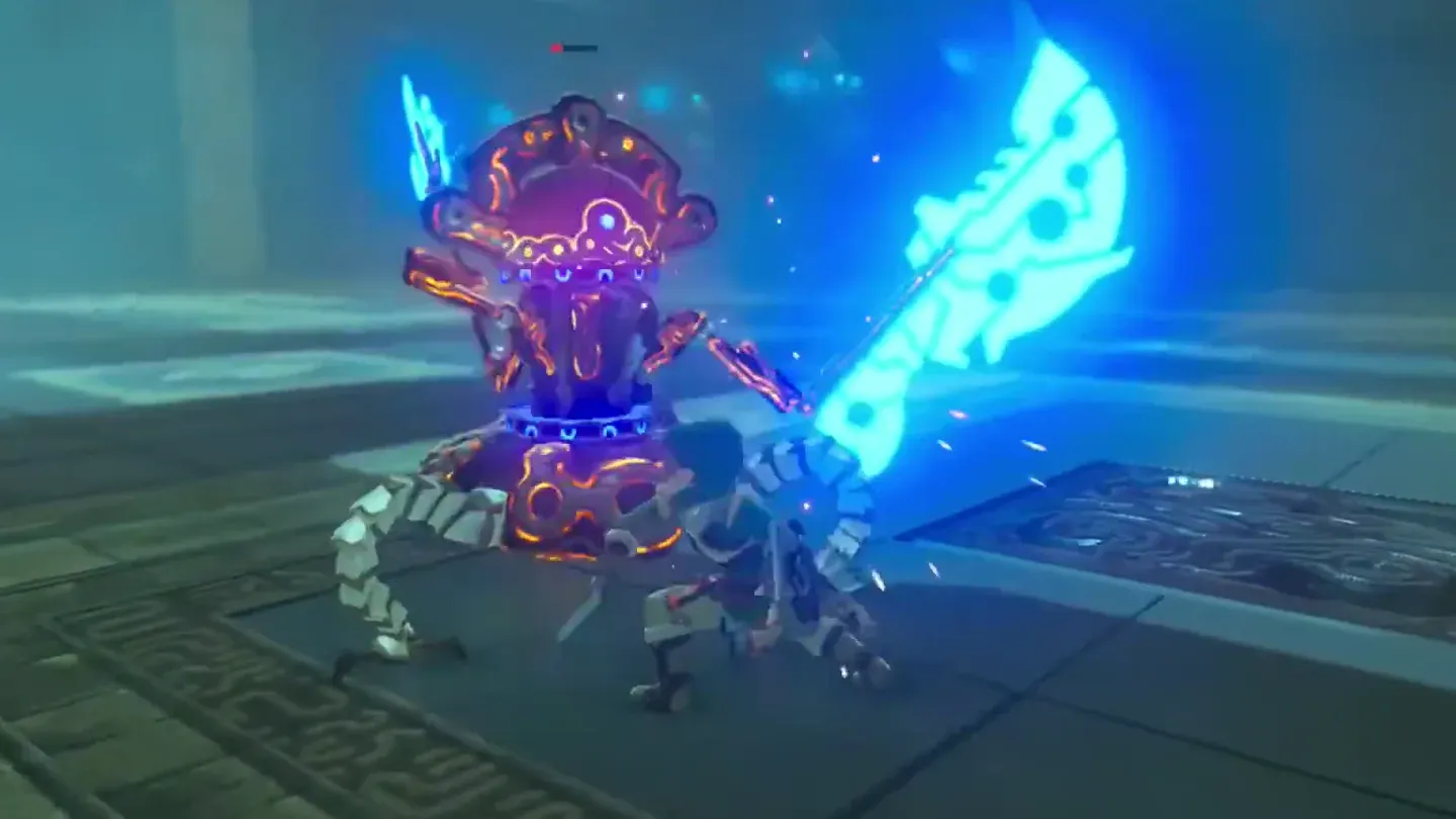 Link fighting the Guardian Scout IV up close