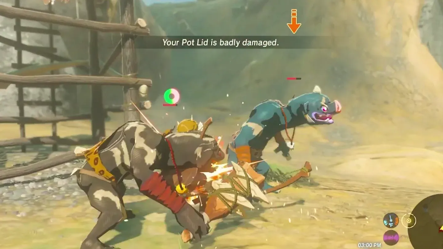 Link fighting a dark brown Black Bokoblin with pale patches and a Blue Bokoblin at a camp