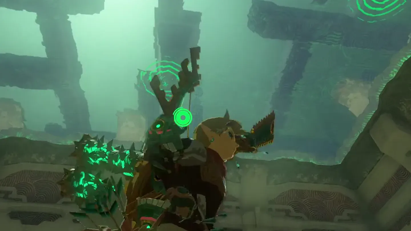 Link looking up at a green glyph on the ceiling