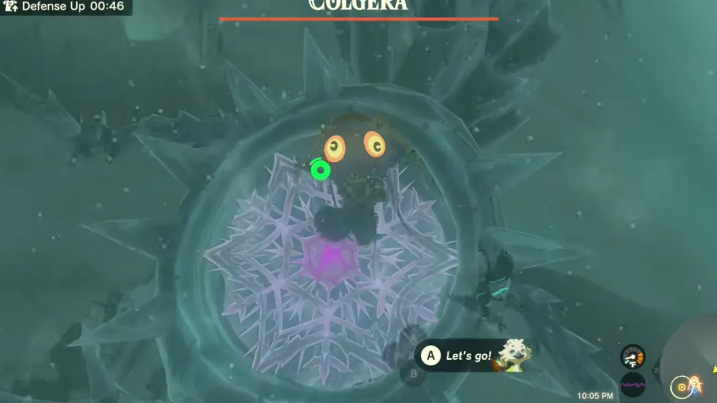 Link diving at Colgera's weak spot, a purple core inside a spiky membrane