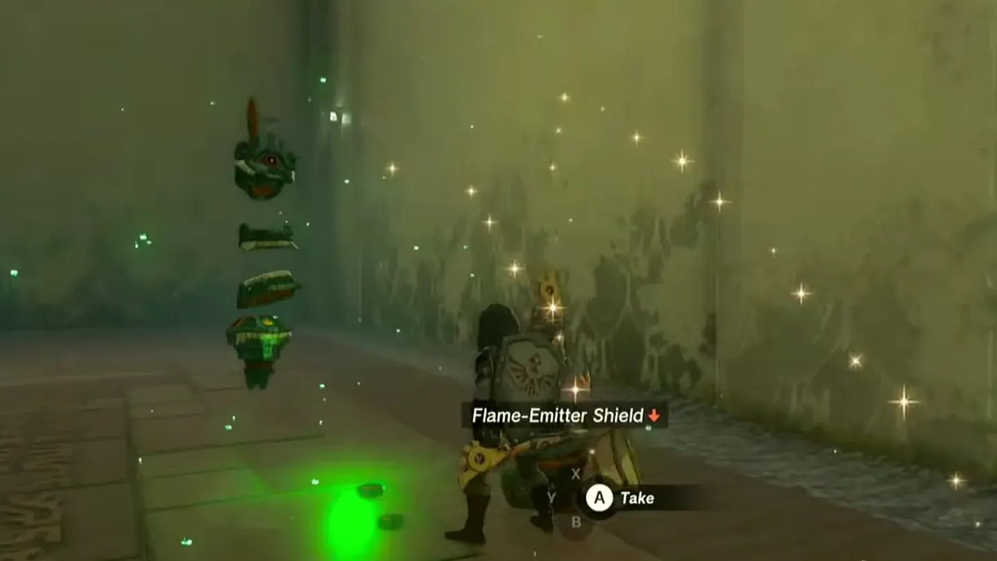The defeated Soldier Construct falling apart beside its Flame-Emitter Shield