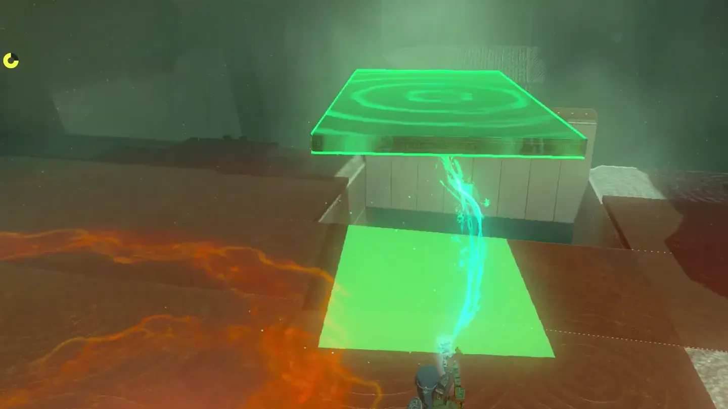 Ultrahand holding the metal plate above the green outline on the floor where the hole is