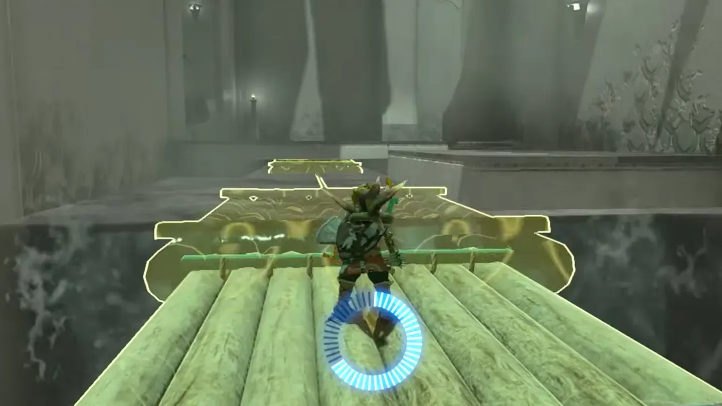 Link riding the second raft up the waterfall