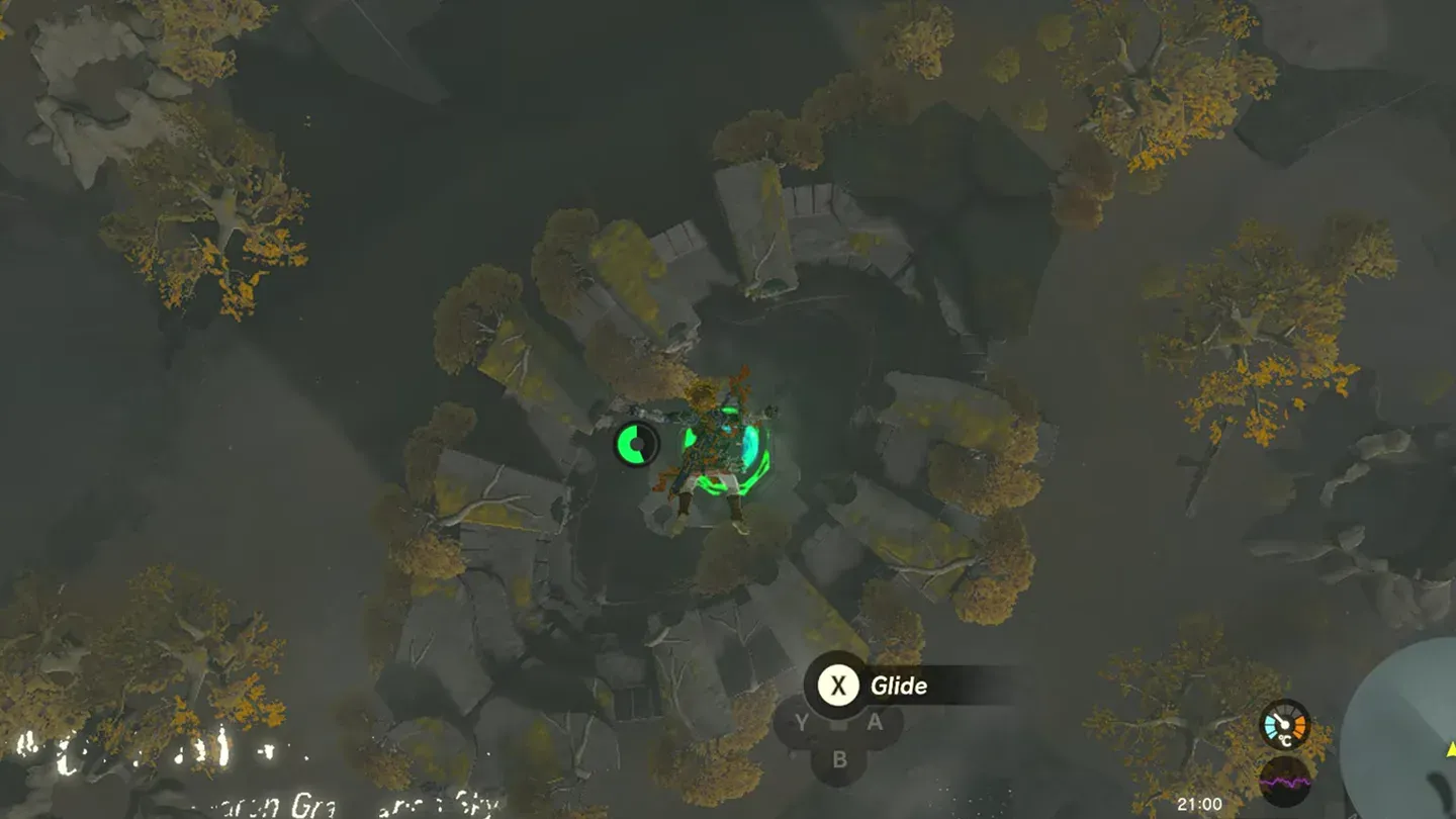 Link gliding down through the storm onto Dragonhead Island