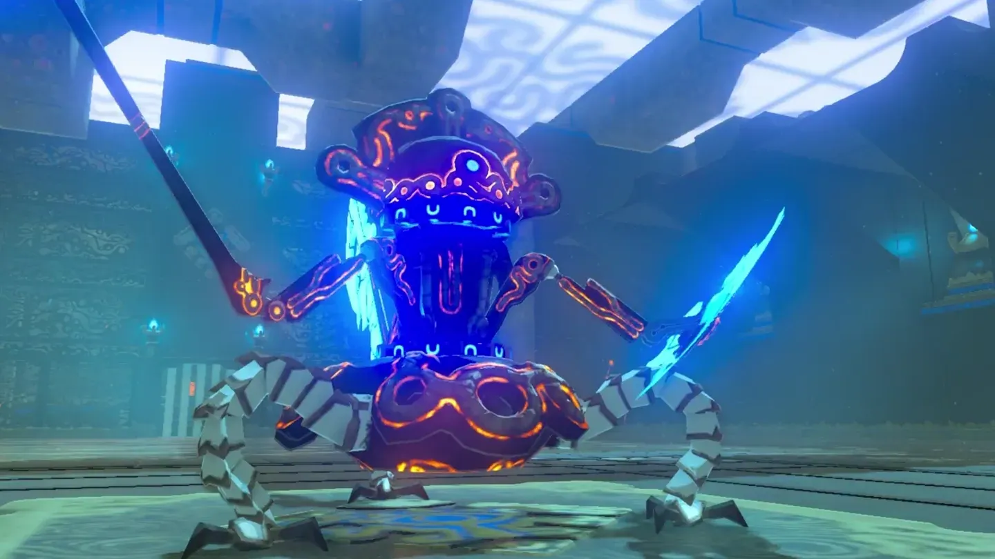 The Guardian Scout IV risen from the pit, holding a spear and a sword
