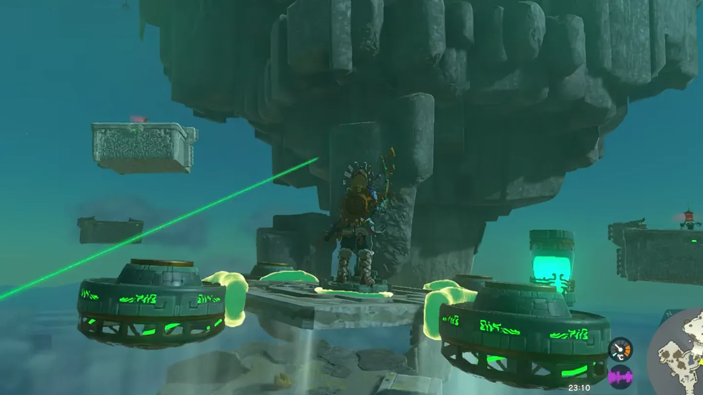 Link riding the ready-made hoverboard toward the higher island, the green beam beside him