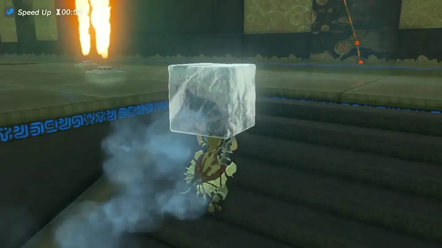 Link carrying the ice past a fire jet shooting from the floor