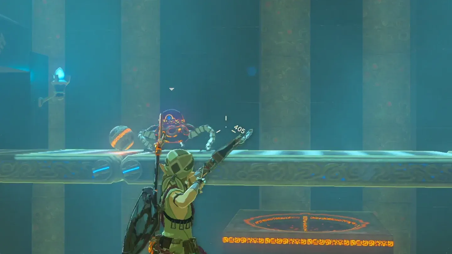Link aiming at a Guardian Scout riding the belt