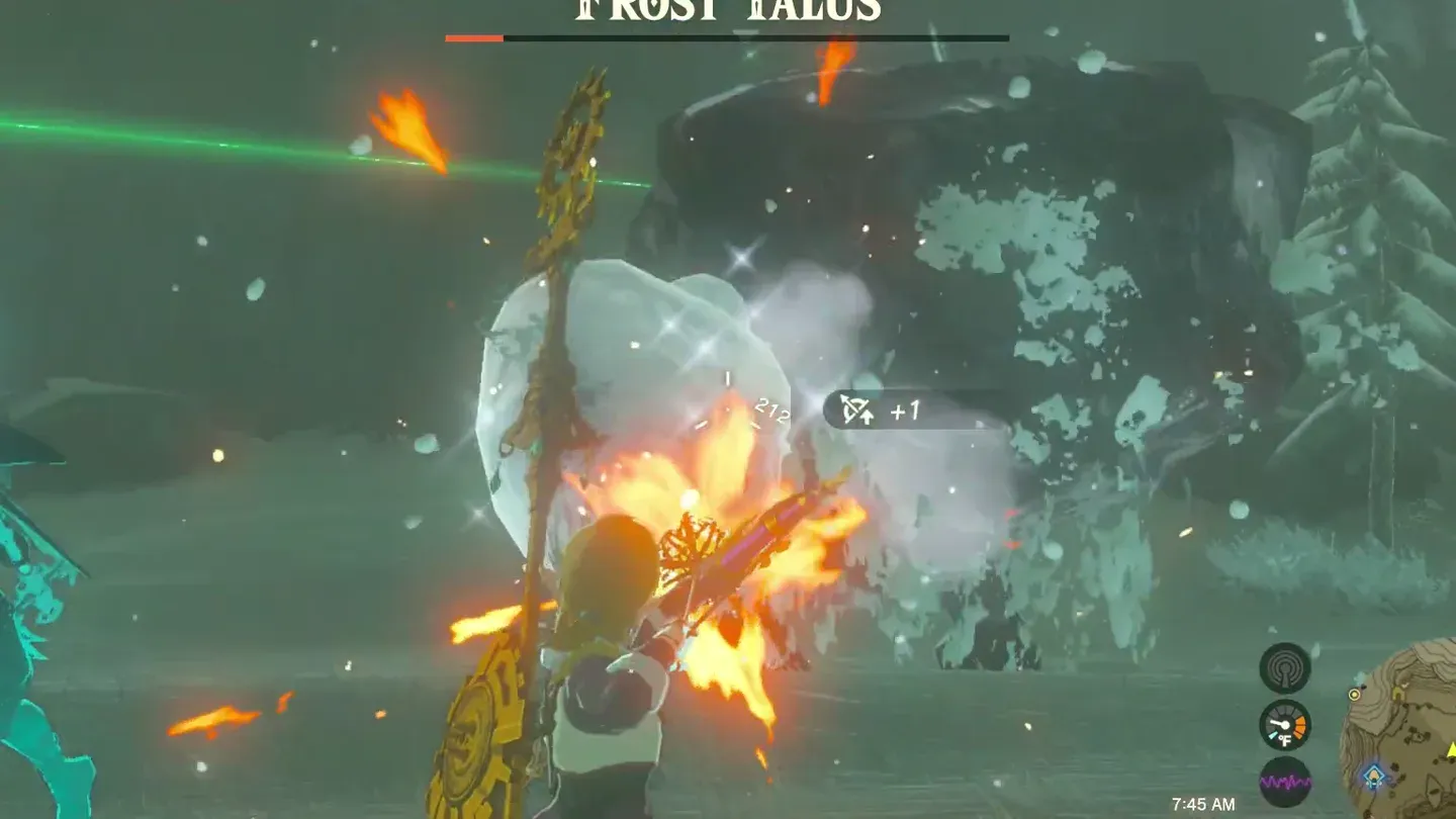 Fire bursting on the Frost Talus's icy body