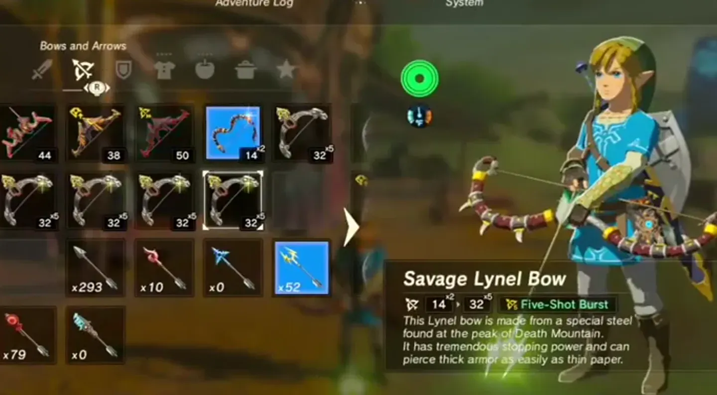 The Bows and Arrows tab with several five-shot Savage Lynel Bows and Shock Arrows equipped