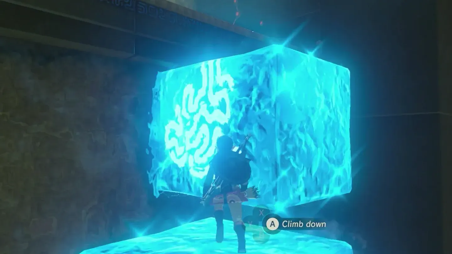An ice block formed sideways on the wall beside the waterfall, Link below it