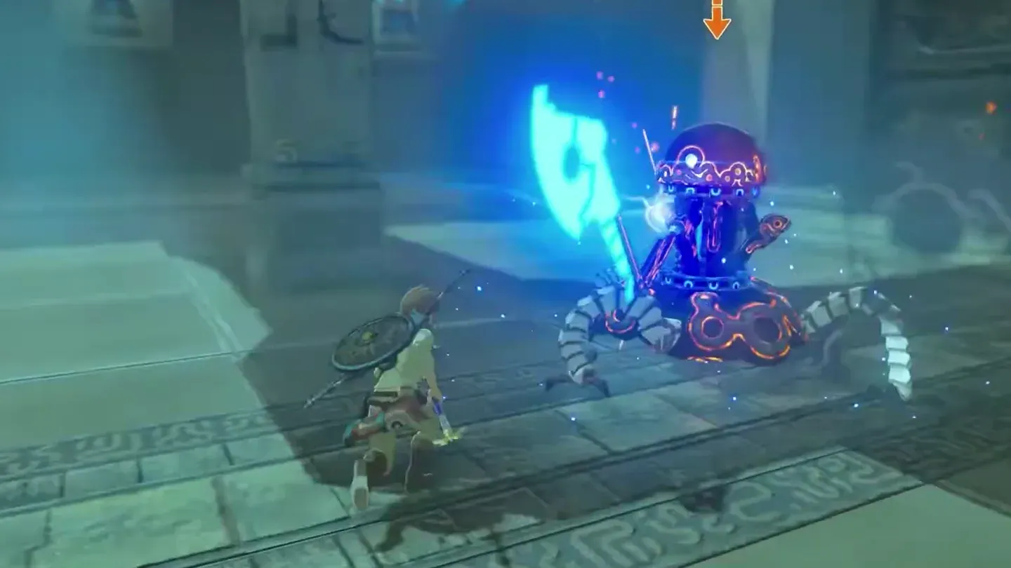 Link counterattacking the axe-wielding Guardian Scout