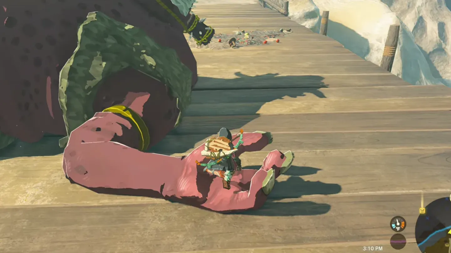 Link standing on the open palm of a sleeping Hinox