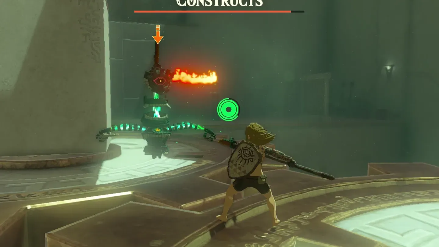 A Soldier Construct swinging a flaming weapon at Link