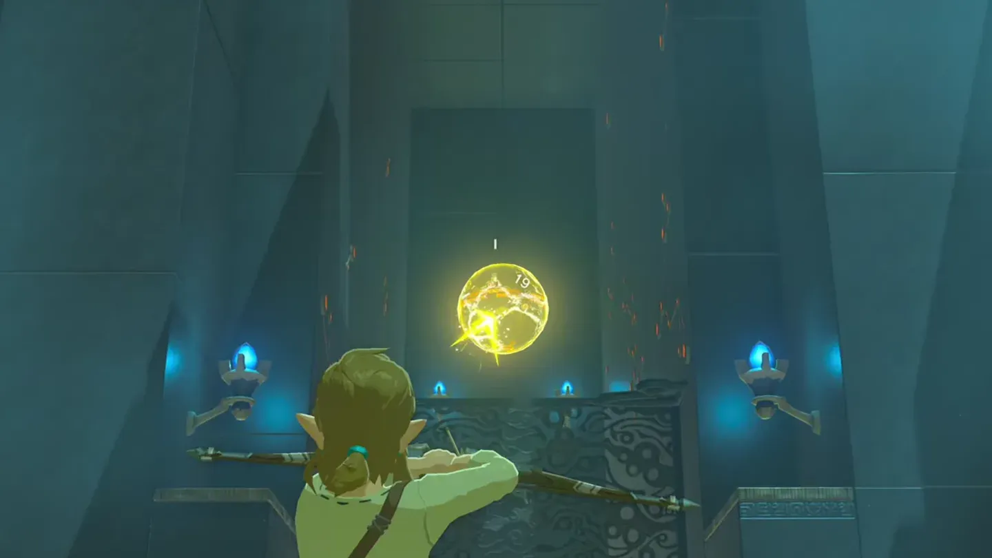 Link shooting an arrow at the frozen orb