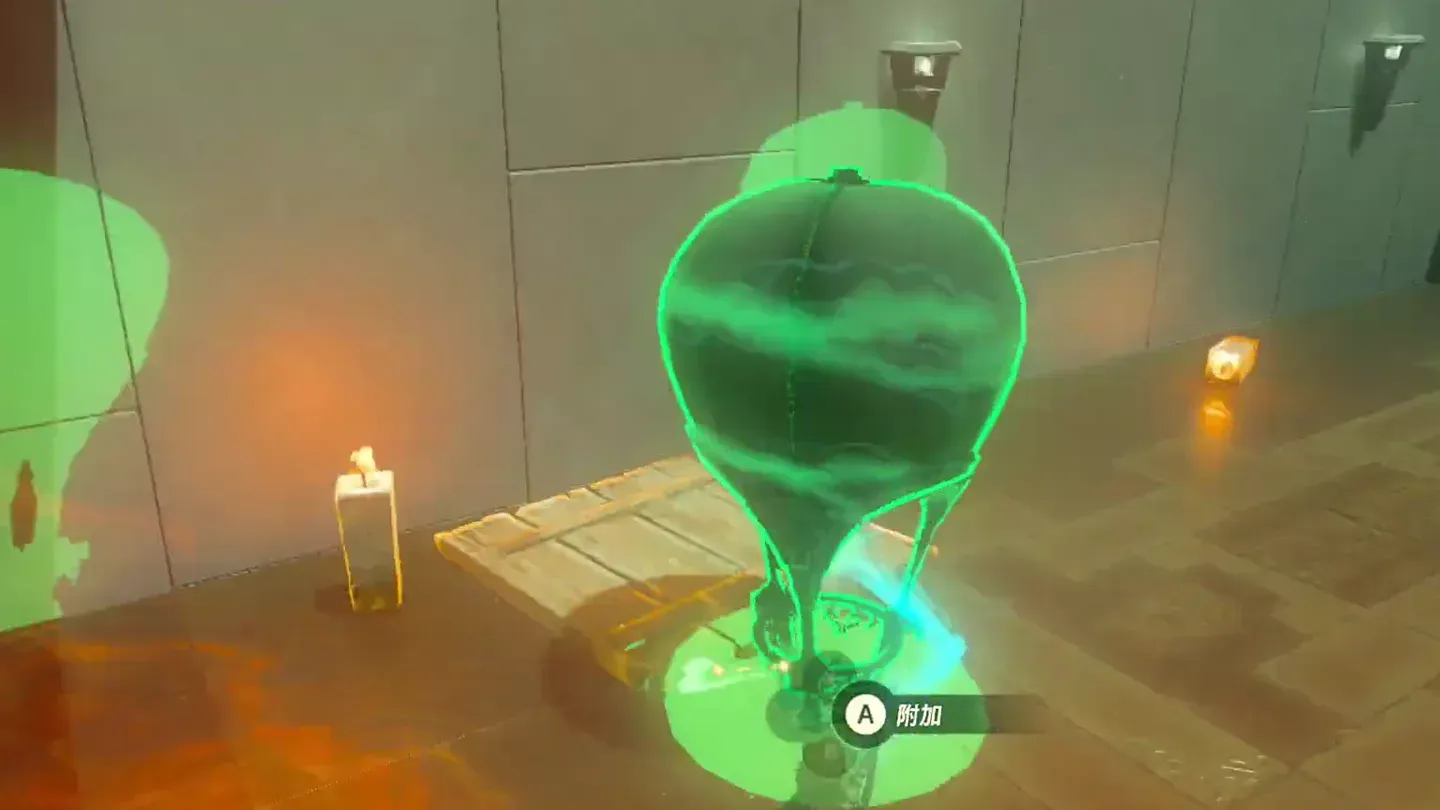 Ultrahand attaching a balloon onto the wooden platform beside a lit pillar