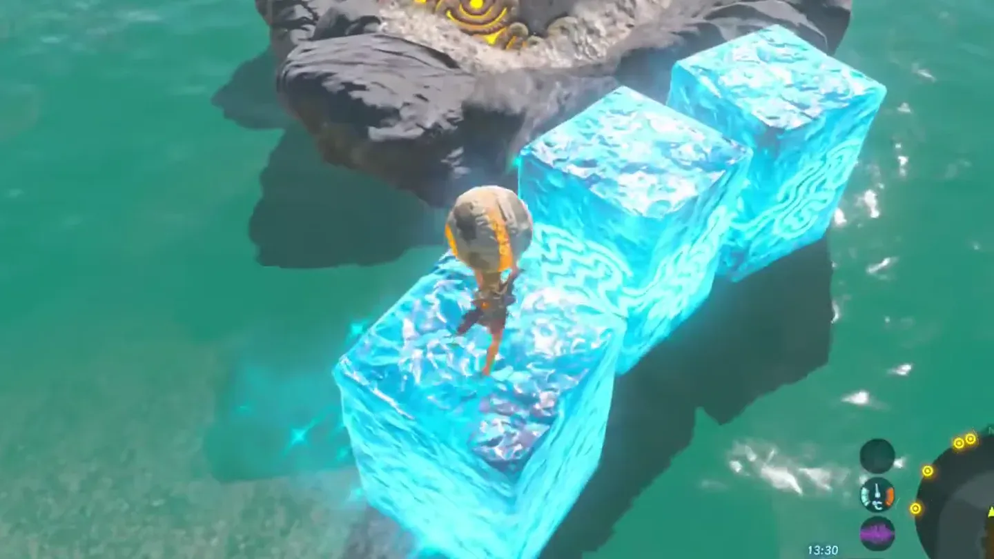 Link standing on ice blocks in the sea beside the altar rock, holding the orb overhead
